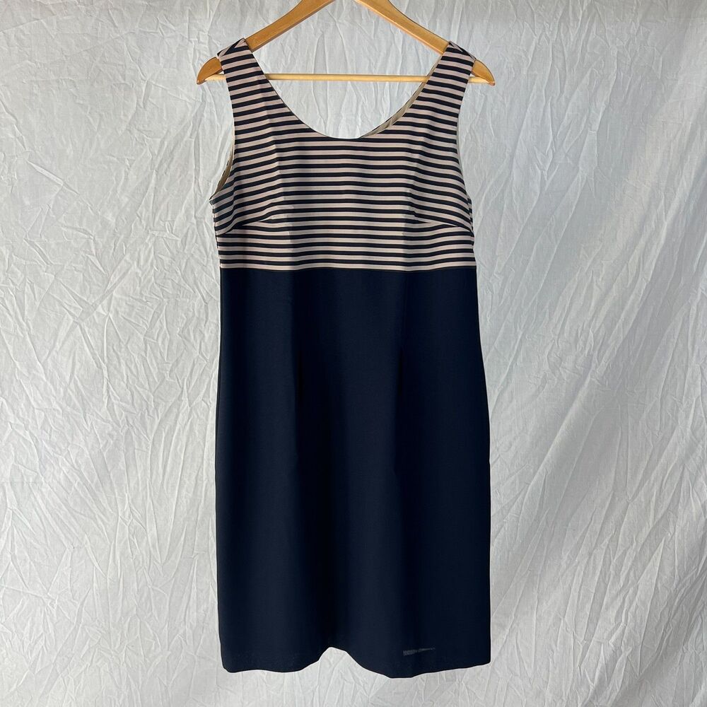 Petite Sophisticate Sleeveless Dress Navy Tan Stripes Sz 14 Career